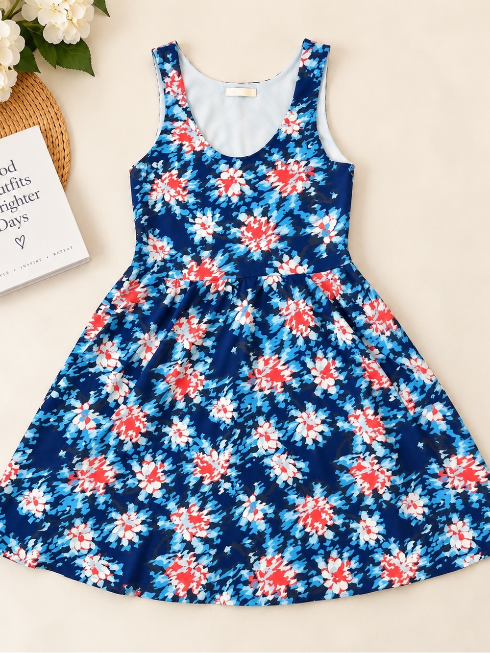 Girls Navy Blue Floral Sleeveless Dress